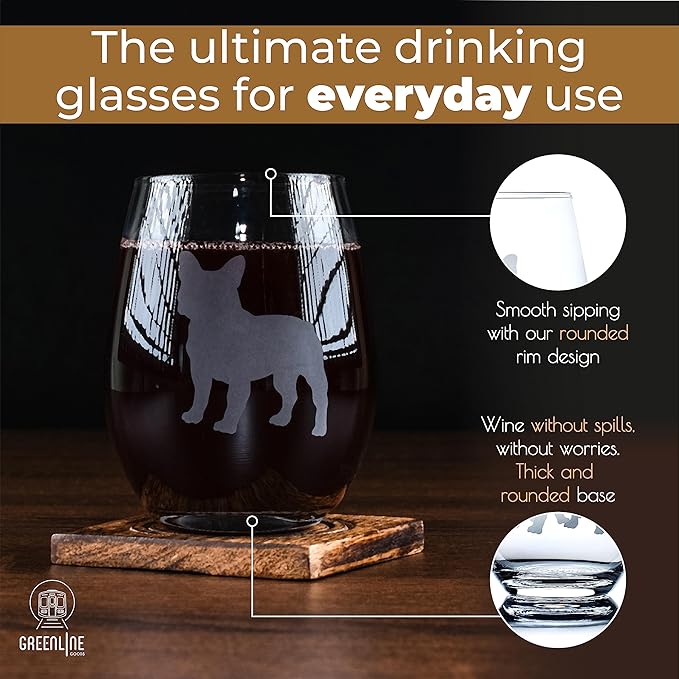 Greenline Goods French Bulldog Stemless Wine Glasses (Set of 2) - Unique for Dog Lovers - Etched 2-Sided Frenchie Silhouette with Breed Name on the Bottom