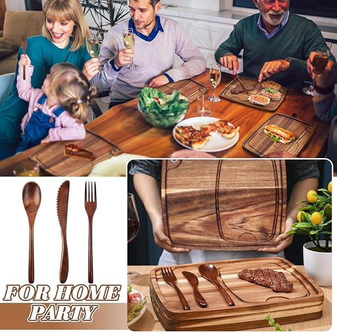 Hushee 16 Pcs Acacia Wooden Steak Plates Board Serving Tableware Set Include Wooden Plates with Juice Channel, Knives, Forks and Spoons for Christmas Kitchen Gift for Steak Lovers