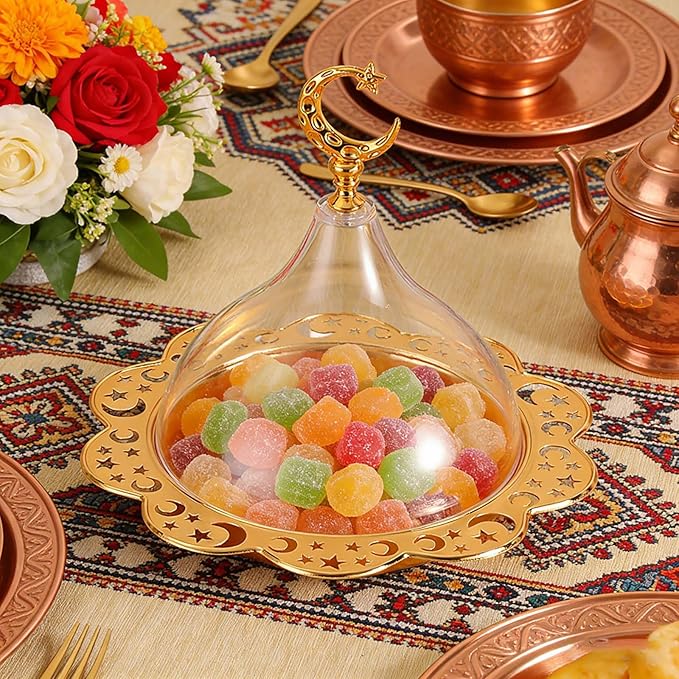 Vintage Ramadan Plates, Multi-Function Kitchen Ramadan Tray with Lid, Ramadan Serving Trays for Party Cafe Home (Gold)