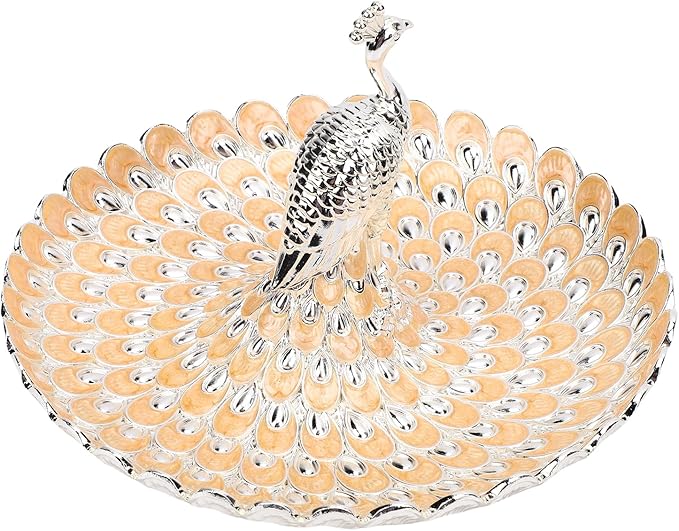 Peacock Shape Fruits Serving Tray, Zinc Alloy Fruits Storage Dish Trinket Decorative Plate with Detachable Peacock, for Vegetables, Snacks, Bread, Candy (Silver Orange)