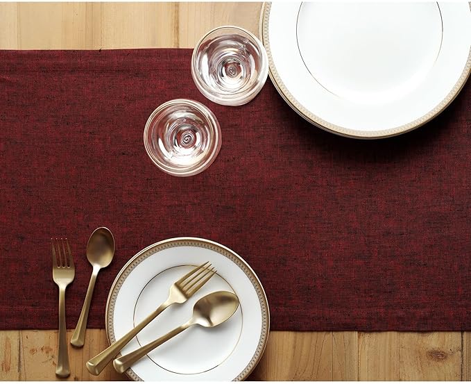 Solino Home Linen Table Runner 132 Inches Long - Athena, 100% Pure Linen Red Garnet 14 x 132 Inch Table Runner for Dining, Winter, Valentines