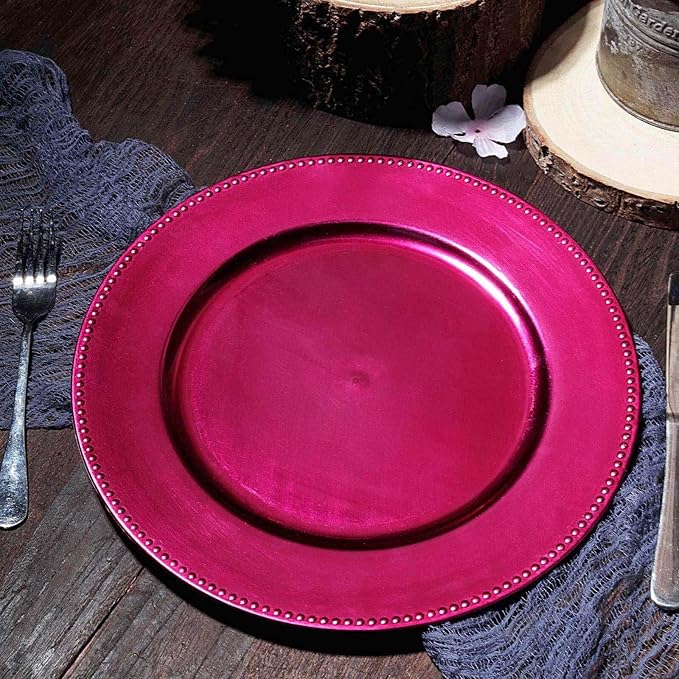 13" Charger Plates -Set of 24 - Acrylic Hot Pink Round Beaded Disposable Chargers, Ideal for Dinner Party Wedding Bulk Events Tabletop Decoration