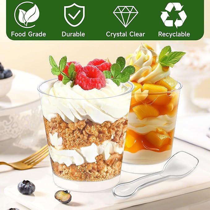 OTOB 300 Pack 6 oz Dessert Cups with Lids and Spoons | Serves 100 | Round Small Yogurt Parfait Cups for Appetizers, Mini Clear Dessert Bowls Cups for Puddings Mousse Ice Cream Fruit Trifle