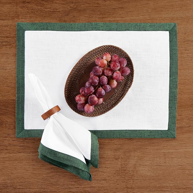 Solino Home Linen Placemats Set of 4 - Forest Green and White Placemats 14 x 19 Inch - 100% Pure Linen Table Place Mats for Winter, Christmas - Classic, Handcrafted and Machine Washable