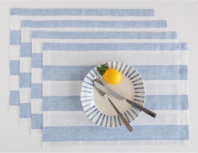 Solino Home Linen Placemats Set of 4 - Cabana Stripe Sky Blue and White Placemats 14 x 19 Inch - 100% Pure Linen Place Mats for Christmas, Holiday, New Year
