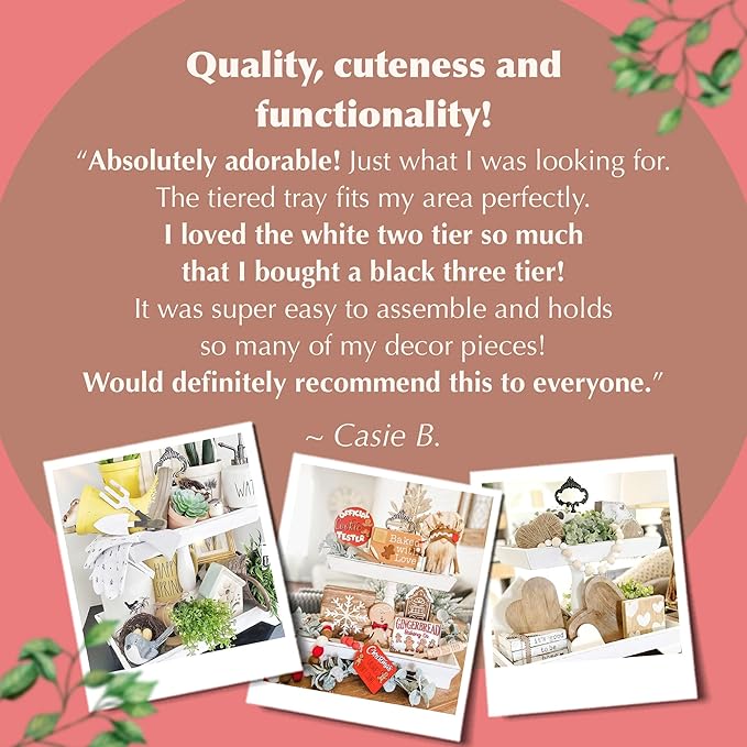 Rustic Wood Two Tiered Tray by Felt Creative Home Goods, Rectangle 2 Tier Serving Tray for Coffee Bar, Kitchen Counter, Dining Room Table, Cupcake Stand, Holiday and Farmhouse Decor (Rustic White)