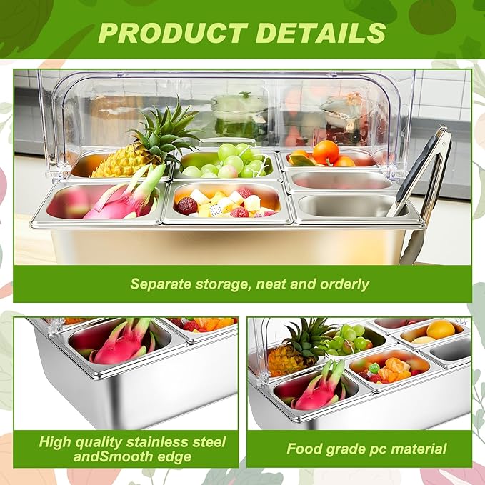 Tessco for you 16 Pcs Ice Food Spice Serving Display Countertop Chilled Condiment Container Set with Lid, Stainless Steel Salad Cold Caddy for Buffet Restaurant Kitchen Party(7 Compartments)