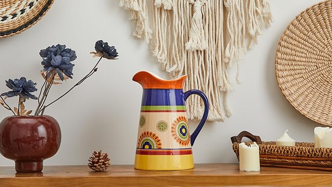 Bico Tunisian Ceramic 2.5 Quarts Pitcher with Handle, Decorative Vase for Flower Arrangements, Dishwasher Safe