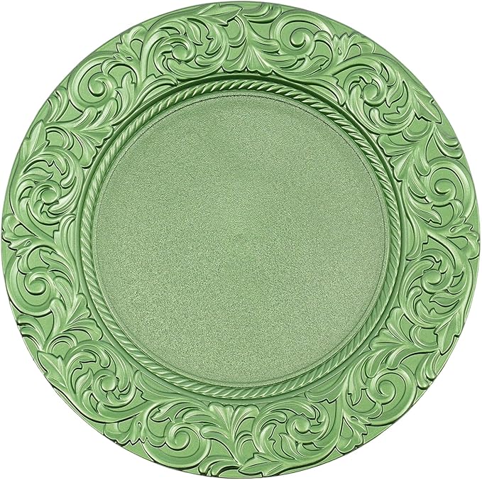 100 PCS Charger Plates Bulk, 13 Inch Embossed Rim Plastic Charger Plate Antique Round Service Plates Decorative Chargers Bulk for Table Setting Wedding Party Event(Green)