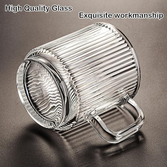 HMWEB Glass Coffee Mug Espresso Cups for Coffee 12 oz Classical Vertical Stripes Glass Tea Cups Transparent Glasses for Latte Juice Chocolate Gift