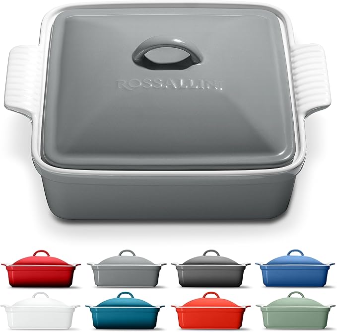Stoneware Casserole Dish Bakeware with Lid | Covered Square Dinnerware | Large 2.5 Quart, [Modern Grey]