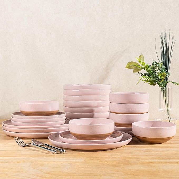 GBHOME 24-Piece Ceramic Dinnerware Set for 6, Handpainted Plates, Pasta Bowls & Bowls Set with Rustic Terracotta Underside, Scratch-Resistant, Dishwasher & Microwave Safe,Speckled Glaze Pink