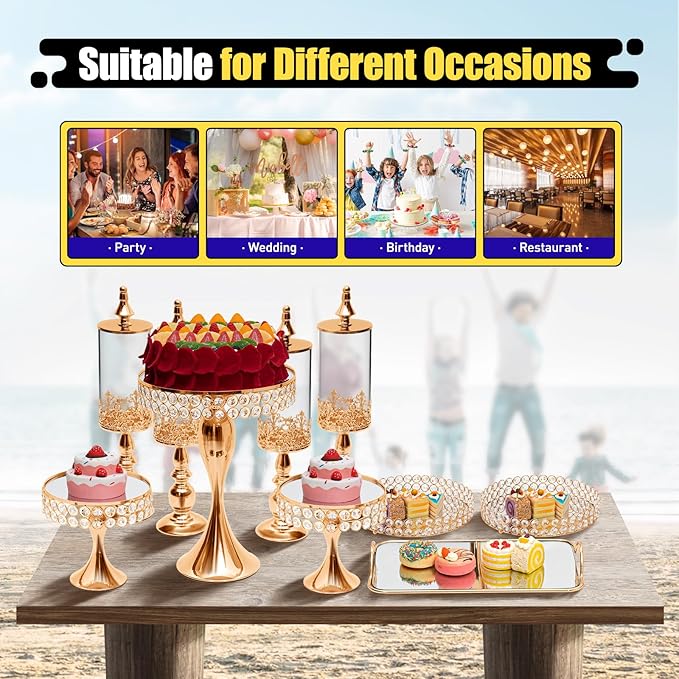 10PCS Wedding Metal Dessert Table Set, Crystal Cake Stand Cupcake Holder Gold Cake Display with Acrylic Mirror Surface, Cupcake Dessert Plate Display for Birthday Party