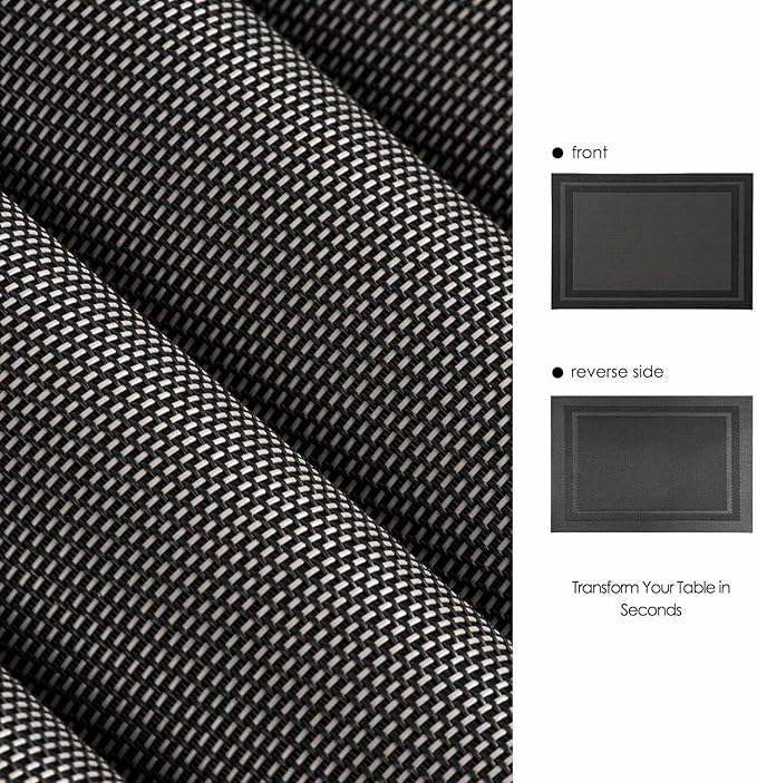 AHHFSMEI Placemats for Dining Table Set of 8 Woven Vinyl Plastic Place Mats Non-Slip Heat Insulation Stain Resistant Table Mats Washable Easy Clean Placemats (Black Frame 8)