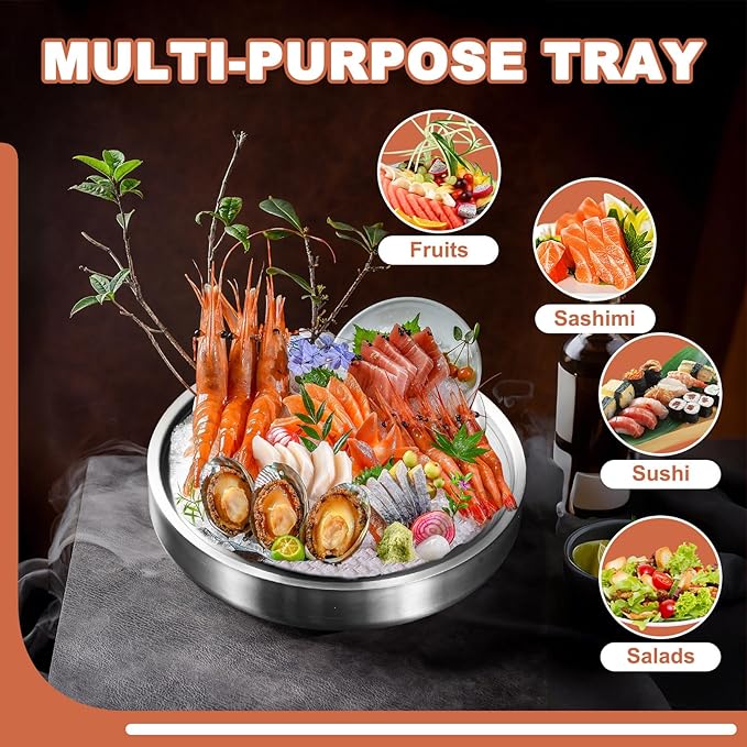 11" 304 Stainless Steel Cold Chilled Serving Tray with Ice Chamber, Silver Shrimp Cocktail Serving Dish, Appetizer Cooling Chilled Party Platter with Ice Underneath for Party Buffets (28cm)