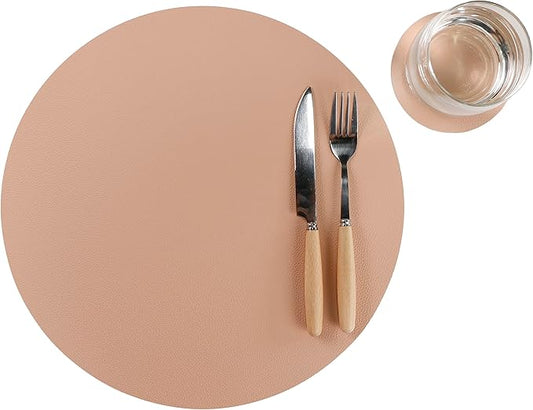 Wipeable Placemats and Coasters Leather Table Mats Waterproof Heat-Resistant Easy to Clean for Dining Table Set Kitchen Table Set of 6, Peach