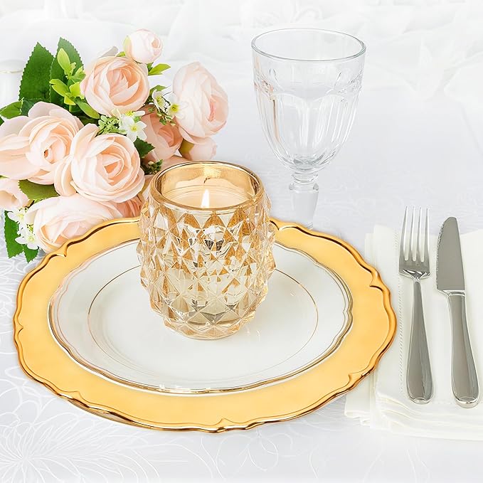 12 PCS Bulk Gold Charger Plates 13 Inch, Round Plastic Event Chargers for Dinner Plates, Elegant Table Decor for Wedding Reception, Birthday, Anniversary Celebrations