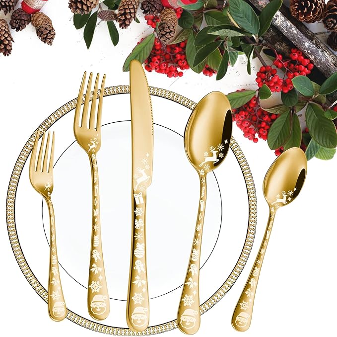 Vilihkc Christmas Style Silverware Set, 20 Piece Stainless Steel Flatware, Kitchen Utensil Service for 4, Tableware Cutlery for Home and Restaurant, Dishwasher Safe