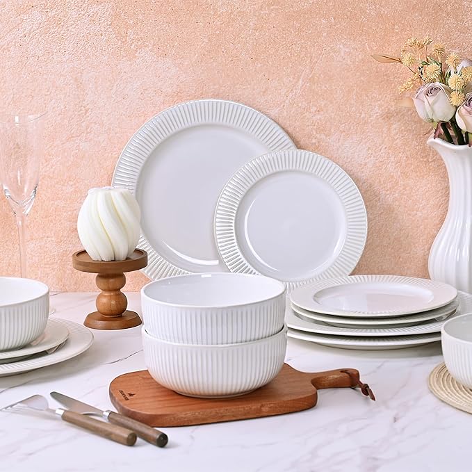 Embossed Ceramic Dinnerware Set for 4 - Arctic White Plates & Bowls Set 12 Pieces - Microwave & Dishwasher Safe Porcelain Chip Resistant Handmade Dishware Set Kitchen Gift, Vertical Stripe