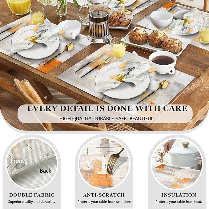 Mcalk 4 Each Orange Placemats and Cloth Napkins Set of 8, Modern Art Placemat, Abstract Grey Cloth Napkin for Home Kitchen Decor (Placemats 18 "x12 Napkins 18 "x18)