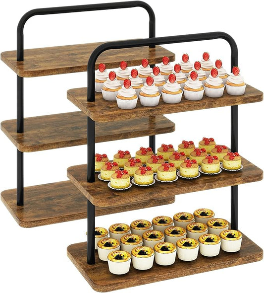 IBUYKE Wood Cupcake Stand,3 Tier Dessert Stand,Set of 2,Cupcake Stand for 50 Cupcakes,Cupcake Tower Dessert Display Stand for Party, Christmas, Wedding, Baby Shower, Serving Tray,Rustic Brown UTLJ013H-2