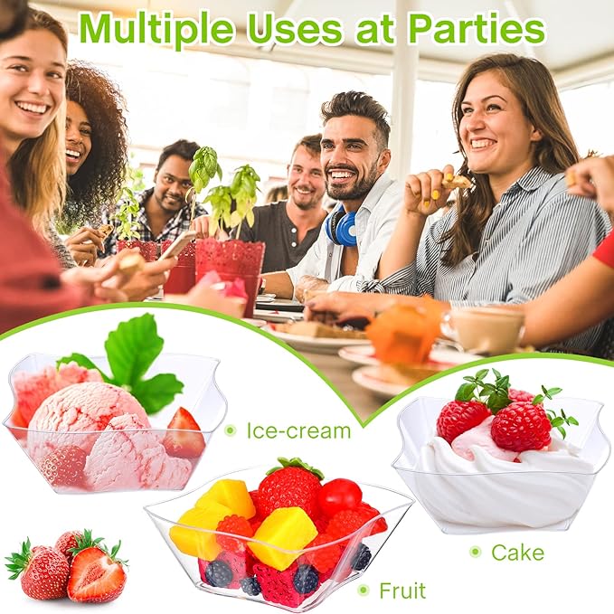 Suclain 200 Sets 5 oz Plastic Dessert Bowls Disposable Mini Dessert Cups with Spoons Appetizer Plates for Birthday Weddings Party Family Gathering