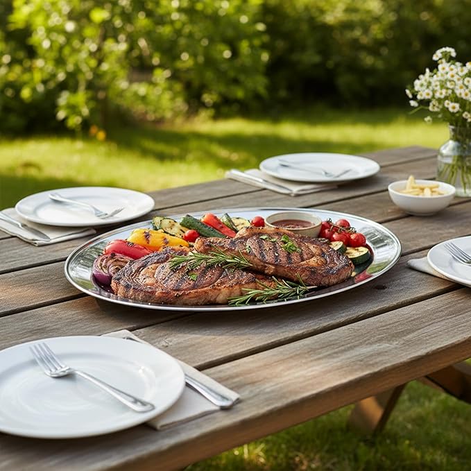 16" Stainless Steel Serving Platter | Oval Silver Food Tray | 3 mm Thick, Unbreakable | Anti Rust Serving Platter | Dinner Trays | Dishwasher Safe Kitchen Tray Silver, 16-Inch [1PK]