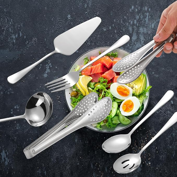 14 PCS Stainless Steel Serving Utensils Set-Serving Spoons,Slotted Spoons, Serving Forks, Serving Tongs,Soup Ladle, Appetizer Tongs, Pie Server for Buffet Catering Entertaining Banquet Party
