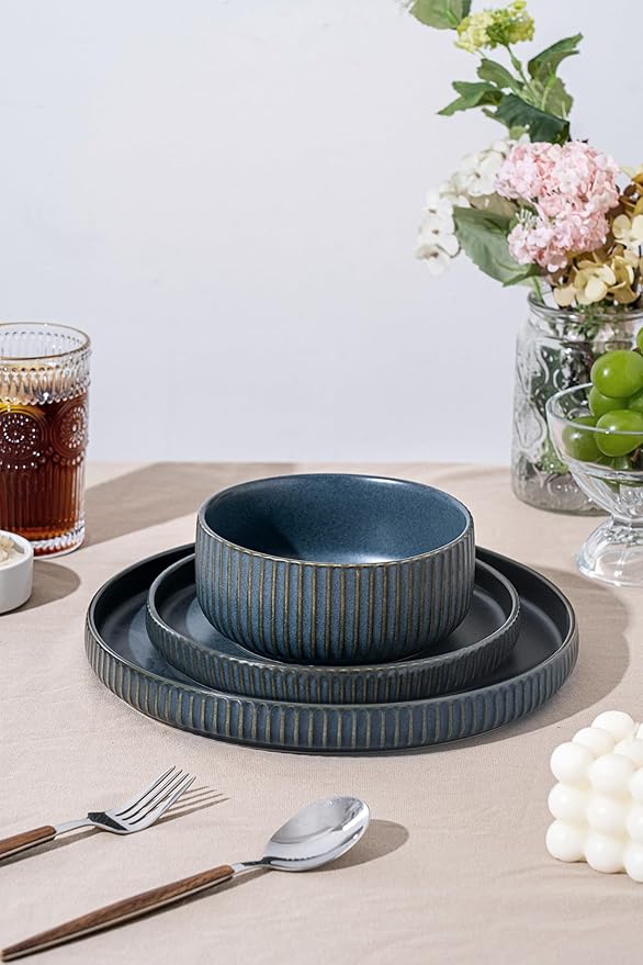 Dinnerware Sets for 4,Microwave Safe Plates and Bowls Sets,12 Piece Dylan Dish Set,Reactive Glaze Stoneware Dinnerware Set (Matte Reactive Sapphire Blue, Service for 4 (12pcs))