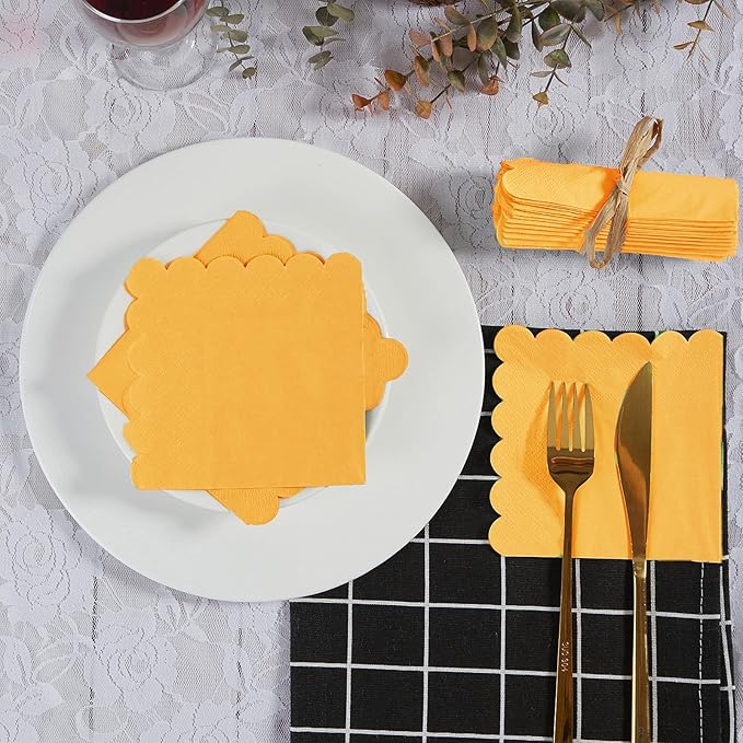 200 Pack Cocktail Napkin 2-Ply Scalloped Edged Dessert Napkins Folded 5 x 5 Inches Disposable Napkins for Dinner Wedding Birthday Party Bridal Anniversary Reception Event (Yellow)