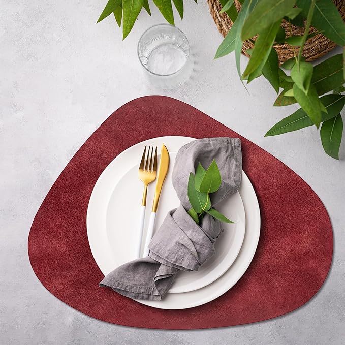 ADRIMER Placemats, Heat Resistant Round Placemats Set of 6 Washable 13 x 17 Inch, Waterproof Table Mats Wipeable for Kitchen, Dining Room Table Christmas Decor, Wine Red