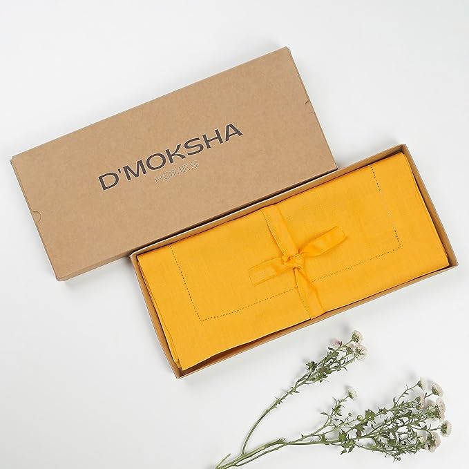 D'Moksha Homes Linen Sunflower Yellow Table Runner 120 Inches Long - 100% Pure Linen Hemstitch 14 x 120 Inch Table Runner for Dining, Winter, Christmas, Holiday, New Year - Classic Hemstitch