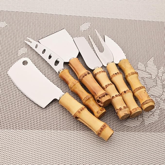 Gugrida Flatware Silverware Serving Set Silver Stainless Steel Hostess Serving Utensil Set with Bamboo Handle Dishwasher Safe, 6pieces Cheese Knife Set