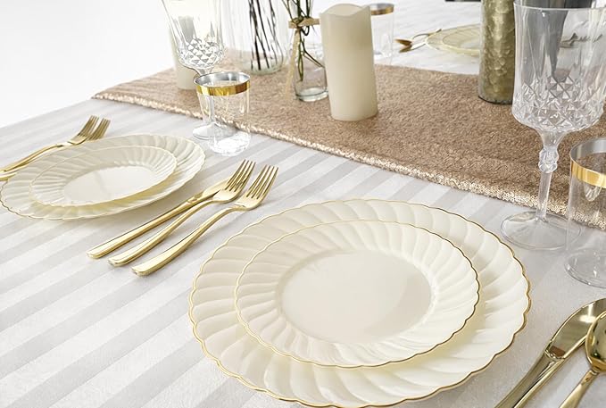 " OCCASIONS " 960pcs set (120 Guests)-Vintage Wedding Party Disposable Plastic Plates -120 x 10.25'' + 120 x 7.5''+Silverware+Gold rim Cups+Napkins (Blossom Ivory & Gold)