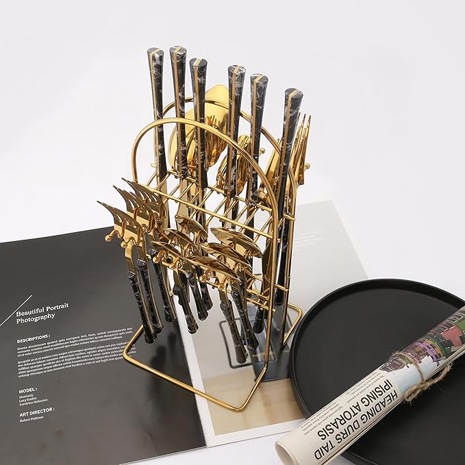 Stainless Steel Silverware Set with Holder - 25 PCS Gold Flatware Cutlery Set - Black Marble Texture Handle Design - Hanging Metal Eating Utensils Set Service for 6 - Party Tableware Set