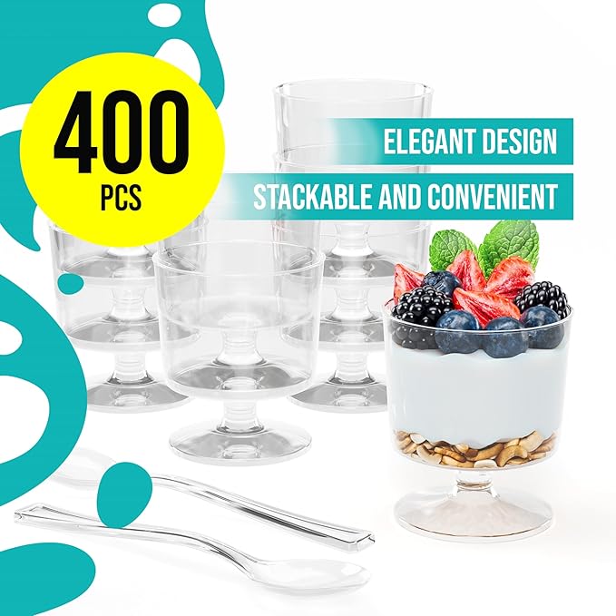 Exquisite Mini Dessert Cups With Spoons 400 Pcs - 2 Oz Round Clear Plastic Pudding Cups Disposable With Tasting Spoons 200 Sets | Mini Parfait Cup | Appetizer Cup For Party & Events