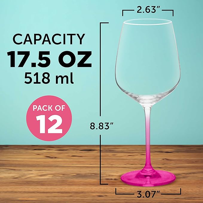 DISCOUNT PROMOS Crystal Wine Glasses 17.5 oz. Set of 12, Bulk Pack - Restaurant Glassware, Perfect for Red Wine or White Wine - Pink