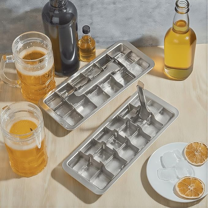Stainless Steel Ice Cube Trays with Tweezers, Easy-Release Lever Handle, Durable Metal Ice Cube Trays for Freezer, Ideal for Whiskey, Cocktails & Drinks (1 Pack)
