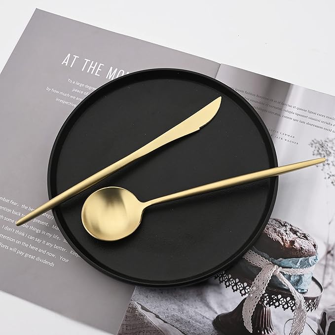 Flatware Set 18/10 Stainless Steel Matte Champagne Gold - Kitchen Utensil Serving Set of Dinner Fork Knife Spoons Salad Fork Dessert Spoon,5 Piece Set of 1 (Champagne Gold)