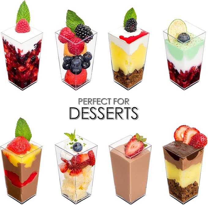DLux 100 x 3 oz Mini Dessert Cups with Spoons, Square Tall - Clear Plastic Parfait Appetizer Cup - Small Reusable Serving Bowl for Party Desserts Appetizers - with Recipe Ebook
