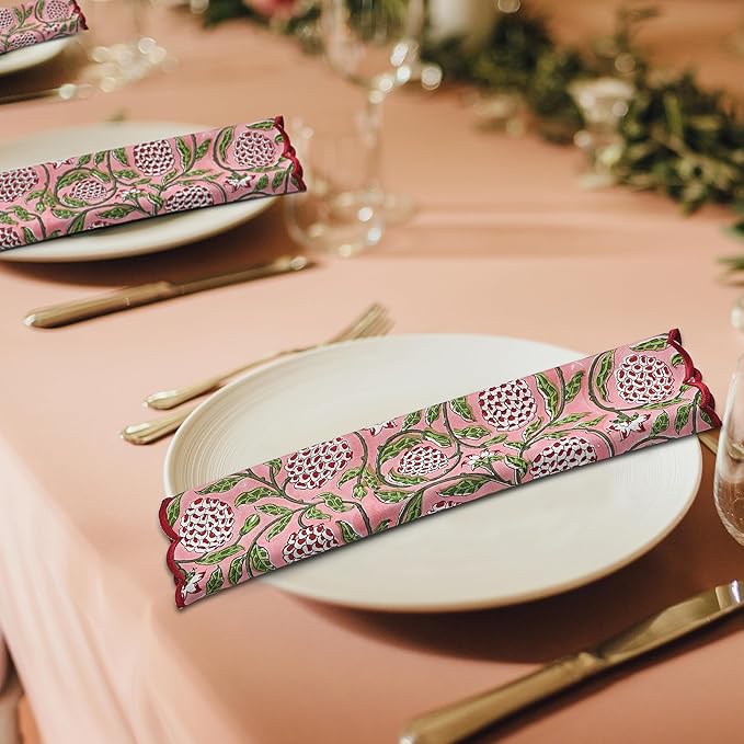 Ridhi Hand Block Print Strawberry Pink 18" x 18" (Set of 4) Embriodery Table Napkins Reusable Cotton Dinner Napkins for Weddings, Parties, Everyday Dining Gift for Spring, Easter, Valentine