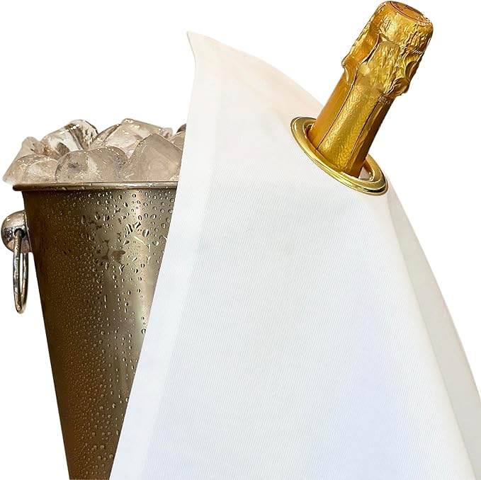 Classic Collection, Bottle Cloth with Metal Ring for Ice Buckets, Cotton, 42 cm, Corner Hole (White with Gold Metal Ring, Pack of 5)