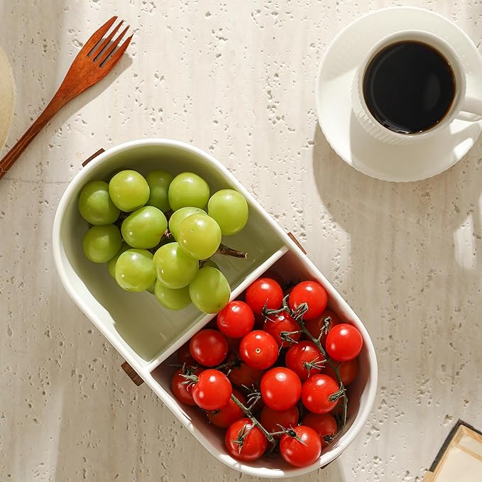 Chip and Dip Serving Bowl with Acacia Wood Base, Ceramic Serving Bowl for Home Decor(2-Compartment Bowl), 10.5 inch Divided Bowl for Snack, Dessert, Fruit, Veggies
