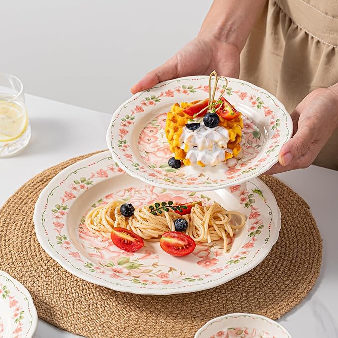 8 Piece Dinnerware Sets for 2， Scratch Resistant,microwave oven and Dishwasher Safe Plates and Bowls Sets Ceramic, Dish Set, Bowl and Plate Set -Pink peach blossom pattern