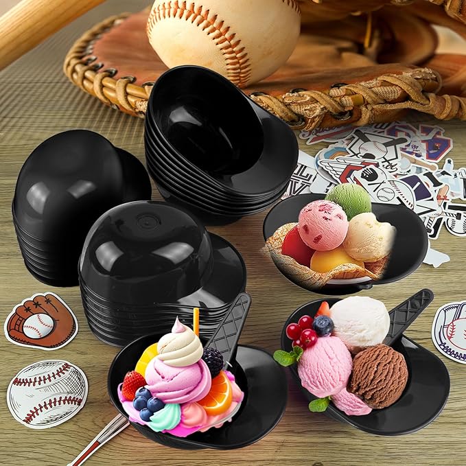 MEEZY 16 Set Baseball Helmet Ice Cream Bowls with 8 Mini Dessert Cups and 8 Spoons, 8oz Reusable Baseball Cap Snack Dessert Cup Bowls Baseball Party Favors for Kids Sports Birthday Party Supplies