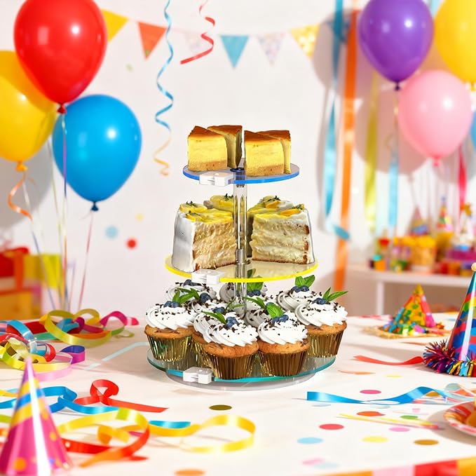 3-Tier Rotating Cupcake Stand with LED Lights - 360° Spinning Display Tower for Desserts, Cakes & Pastries - Rechargeable 7-Color Changing Serving Tray for Weddings, Parties & Festive Gatherings (Round Clear Acrylic)