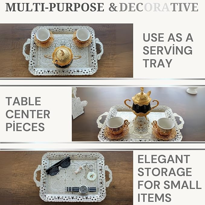 Turkish Vintage Style Entertaining Tray - |15.4” x 10.2”Multi-Purpose, Non-Tarnishing, Zamak Alloy, Decorative Ottoman Style - Rectangular Serving Tray for Coffee & Beverages (Silver)