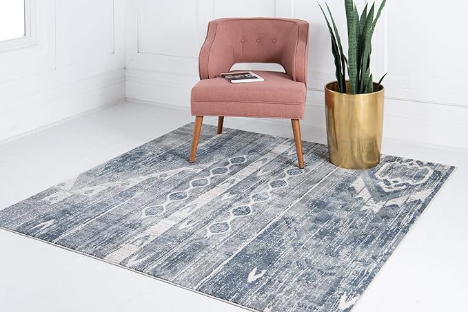 Rugs.com Oregon Collection Rug – 6 Ft Square Light Slate Blue Low-Pile Rug Perfect for Living Rooms, Kitchens, Entryways