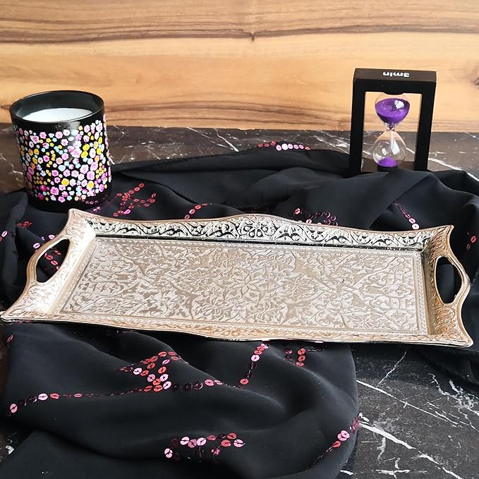 Metal Serving Tray with Raised Edges, Vintage Design Tray, Rectangular Metal Serving Tray, Decorative Serving Platter, Turkish Ottoman Coffee Tea Beverage Serving Square Tray (Silver)