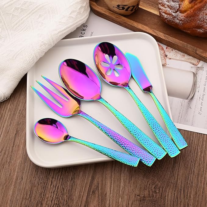 Serving Utensils Set, 5-Piece 18/8 Stainless Steel Hostess Serving Set, Elegant Hammered Serving Utensils for Home Restaurant and Buffet Catering, Heavy and Mirror Polished, Rainbow